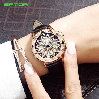 SANDA Luxury Creative Rotate Dial Watch Women Fashion Diamond Gold Ladies Watches Female Leather Wristwatches Reloj Muje