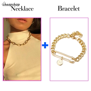 IFYOU Korean Women Thick Chain Choker Necklace Bracelet Jewelry Set Fashion Gold Necklace Bracelet Set Accessories Gift