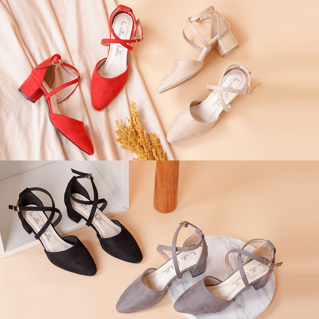 La Vita E Bella Ariana รองเท้าบล็อกผู้หญิง Cross Pointed Toe Strap รุ่น - [LV 8506]