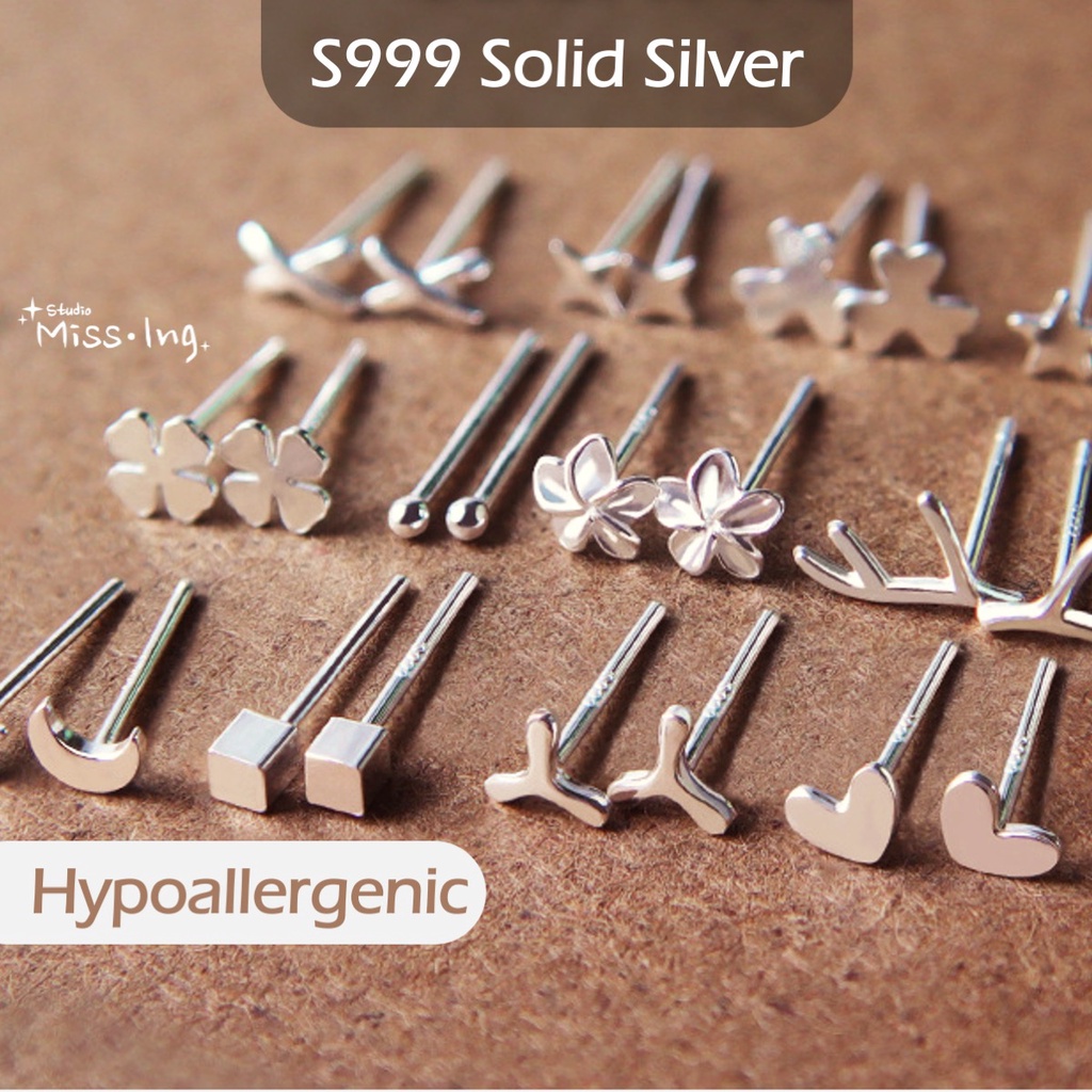 100% S999 เงินสเตอร์ลิงต่างหู Hypoallergenic Ear Stud Stick ต่างหูเกาหลี Dainty ต่างหู Minimalist St