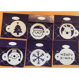 แผ่นลายฉลุ วาดลาย Stencil สเตนซิล รูปต้นสน สโนว์แมน ซานตาครอส Snowflake MerryChirstmas กวางเรนเดียร์ ชุด 6 ชิ้น พลาสติก