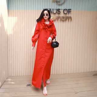 เดรสสีแดง ruffle shirt dress