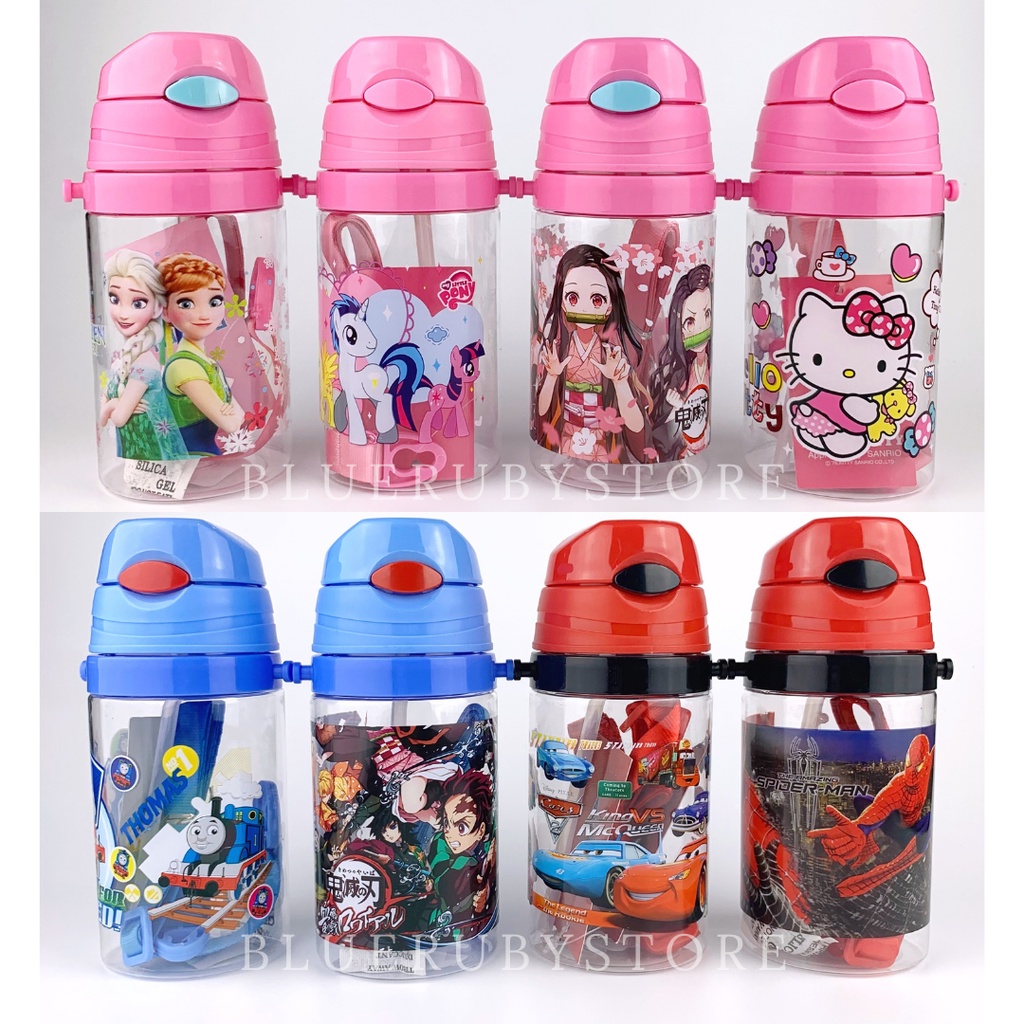 กระติกน้ำเด็กอนุบาล หลอดเด้ง 350ml. ลายการ์ตูน มีสายสะพาย ขวดน้ำพกพา กระบอกน้ำ BPA Free | Bluerubystore