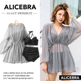 🌟𝗔𝗟𝗜𝗖𝗘𝗕𝗥𝗔🌟พร้อมส่ง3สี🌟เซตชุดว่ายน้ำ +เสื้อคลุม ขายทั้งชุดนะคะ
