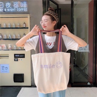 💢พร้อมส่ง💢กระเป๋าผ้า สกรีนลาย Smile น่ารักมากๆ ใบใหญ่