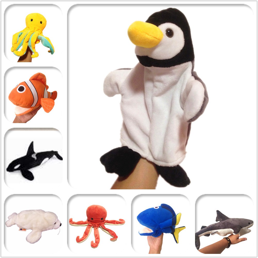 ตุ๊กตามือสัตว์ทะเล (พร้อมส่ง) ตุ๊กตานกแพนกวิน ตุ๊กตาปลาหมึก หุ่นมือฉลาม สวมมือได้