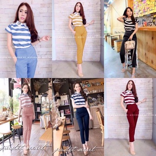 B1008 Set 2 ชิ้น เสื้อลายริ้วสกรีนปกดอกไม้+กางเกงขายาว Set of 2 pieces. Striped shirt with floral collar + long pants.