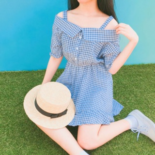 99Bunny Gingham Check Cold Sholder Mini Dress