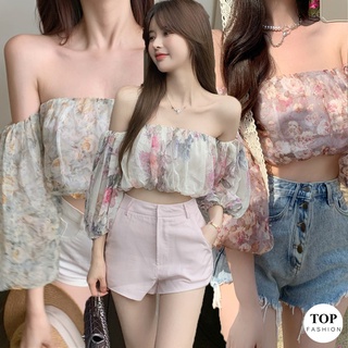 🔥พร้อมส่งไทย ราคาถูก🔥เสื้อแฟชั่นผ้าชีฟอง แขนยาวพองเปิดไหล่ ลายดอกไม้ 3 แบบ