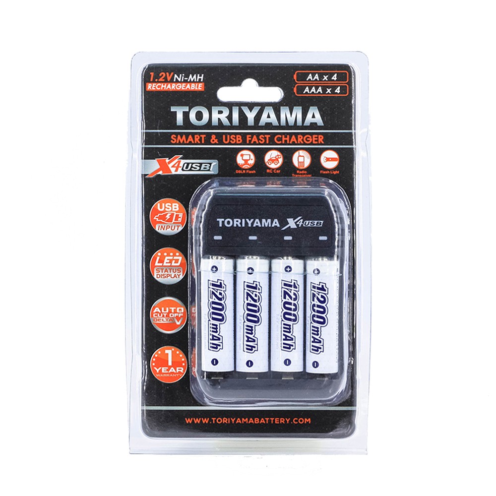 Toriyama แท่นชาร์จ X4 USB Charger+ถ่าน AA1200mAh (แพ็ค4ก้อน)