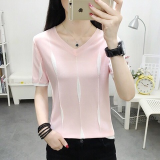 (พร้อมส่ง/ใหม่รุ่น-6708#)เสื้อไหมพรมแขนสั้นแฟชั่นเกาหลีสำหรับผู้หญิง