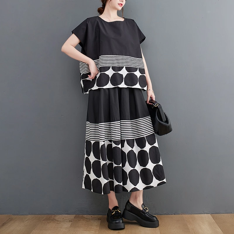 Oladivi Plus ขนาดผู้หญิงเสื้อผ้าแฟชั่น Polk Dot พิมพ์แขนสั้นลําลองหลวมเสื้อ + กระโปรงสองชิ้นชุดฤดูร้อนใหม่ขนาดใหญ่เสื้อด้านล่าง 3553 L XL XXL 3XL C051B thumbnail 4