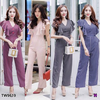 Jumpsuit จั้มสูทแขนกุด ไหล่ระบาย แต่งกระดุมอก ลายริ้ว ขากางเกงทรงกระบอก