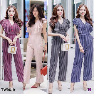 AT9619 Jumpsuit จั้มสูทแขนกุด ไหล่ระบาย แต่งกระดุมอกรอบเอวปล่อยไม่ยืดสม็อค มีซิปหลัง