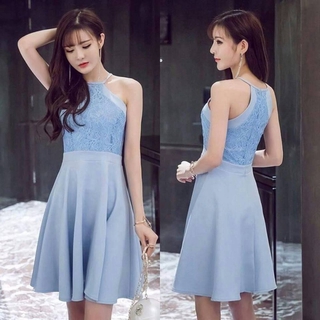 Mini dress คอเต่าลูกไม้กระโปรงบาน (ฟ้า)