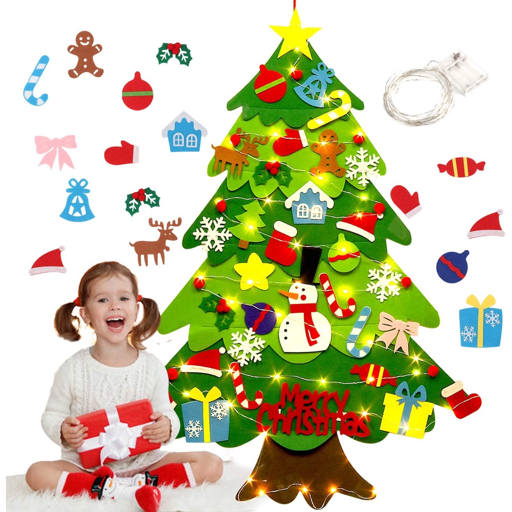COD ต้นคริสต์มาสของเล่น DIY Felt Christmas Tree set ตกแต่งคริสต์มาส แขวนผนังต้นคริสต์มาส และไฟ