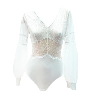 Kyra Audrielle Bodysuit Off-White  บอดี้สูท แขนยาว คอวี