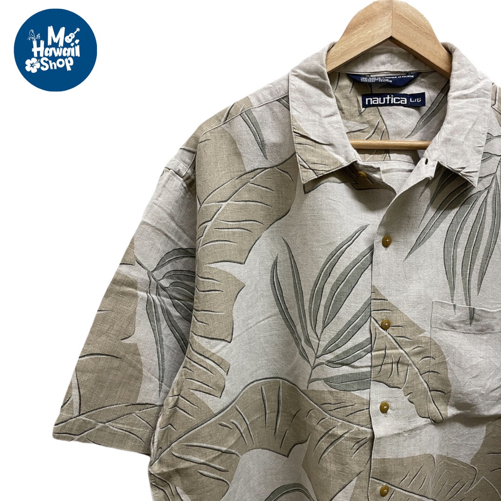 เสื้อฮาวายมือสอง-Hawaii Shirt สภาพดี ผ้า COTTON ผสม LINEN ป้ายแบรนด์ NAUTICA รอบอก 54นิ้ว