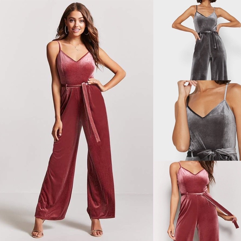 Forever21 ชุดรวดสายเดี่ยวจั๊มทรงกางเกง เนื้อผ้ากำมะหยี่ #ไม่มีสายมัดเอว