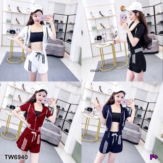 TwinsShopVip💗พร้อมส่ง TW6940 Set 2 ชิ้น เสื้อมีฮู้ด+กางเกงขาสั้น