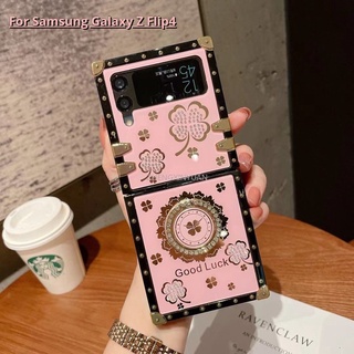 เคสโทรศัพท์มือถือ กันกระแทก ปิดด้านหลัง ลายใบโคลเวอร์ พร้อมแหวนขาตั้ง ประดับเพชรเทียม ระยิบระยับ แฟชั่น สําหรับ Samsung Galaxy Z Flip 3 Flip4 Flip3 5G Z filp 4 ZFlip4 ZFlip3