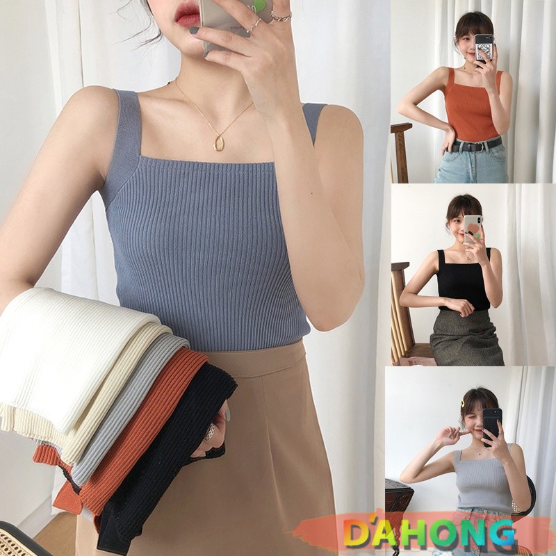 Dahong 💖  เสื้อกล้าม เสื้อท็อปไหมพรม สายเดี่ยว คอเหลี่ยม แขนเว้า แอบเก๋ เบาๆ เสื้อกล้ามไหมพรม