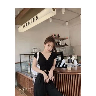 ชุดเซท 2 ชิ้น เสื้อกาง+เกงขายาว แขนสั้นคอวีผูกเชือกหน้าฟรีไซส์