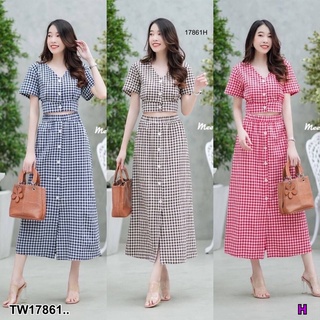 MF17861  Set 2 ชิ้น พร้อมส่งค่า เสื้อครอปลายสก๊อตเอวจั้ม จับจีบสวิทช่วงเอว ติดกระดุมด้านหน้าเปิดได้ + กระโปรงเอวยางยืดรอ