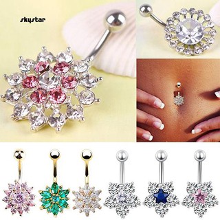 SKYSTAR_Women Rhinestone Flower Belly Button Navel Ring Bar Body Piercing Jewelry Charm