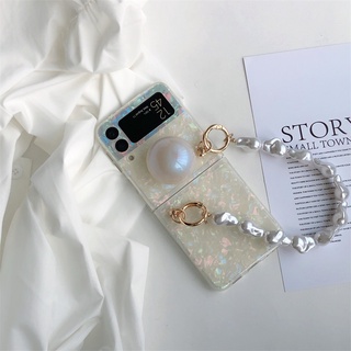 เคสโทรศัพท์มือถือ ประดับไข่มุก พร้อมขาตั้ง ขนาดใหญ่ สําหรับ Samsung Galaxy Z Flip 4 3 Flip3 Flip4 5G