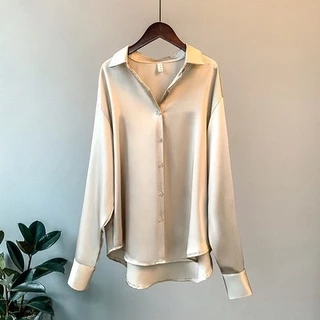 MM001 เสื้อเชิ้ตใส่ทำงาน เสื้้อเชิ๊ตสีดำ แขนยาวผ้าซาติน สไตล์เกาหลี ใส่ทำงาน สำหรับผู้หญิง