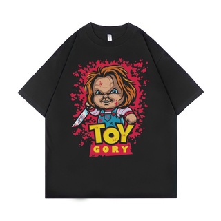 ROUND คอลูกเรือTshirtคอลูกเรือcrew neckเสื้อยืด ขนาดใหญ่ พิมพ์ลาย Psycho Crucify Toy Gory | สีดํา | เสื้อเชิ้ต Chucky |