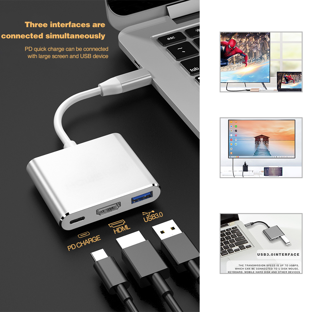 3 in 1 Adapter USB Type C Hub to HDMI 4K USB-C Dock with PD for PC ...