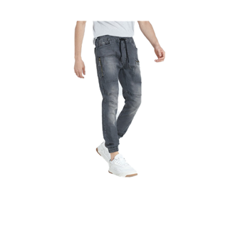 DAVIE JONES กางเกงจ็อกเกอร์ ยีนส์ เอวยางยืด ขาจั๊ม สีเทา สีกรม Drawstring Denim Joggers in grey navy GP0097BK NV