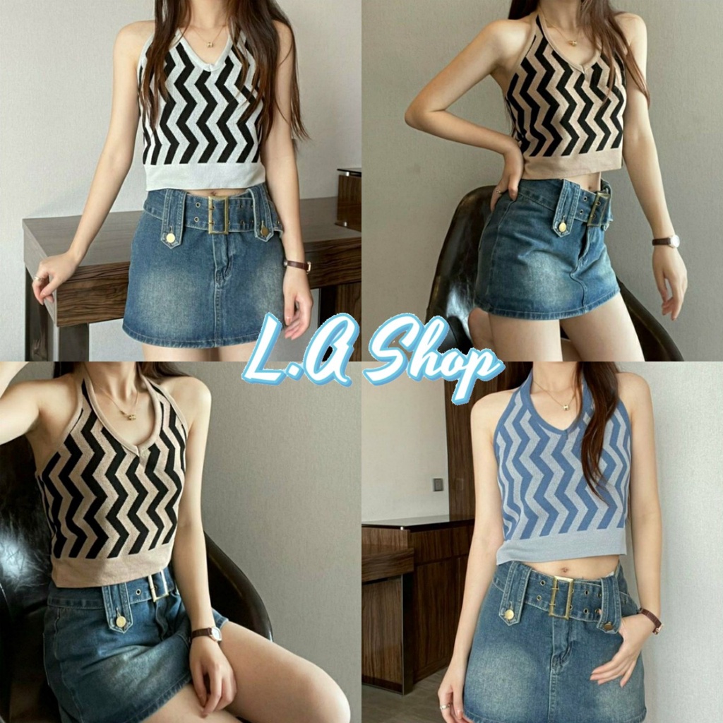 L.A Shop พร้อมส่ง เสื้อคล้องคอไหมพรม ลายทางหยักเว้าหลัง สุดเซ็กซี่ "1668"