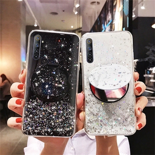 เลื่อมแวววาว TPU อ่อนนุ่ม เคสโทรศัพท์สำหรับ Realme 7 7i 6 6i 5 5i Pro XT ท้องฟ้าเต็มไปด้วยดวงดาว พร้อมฝาครอบกระจกมองข้าง