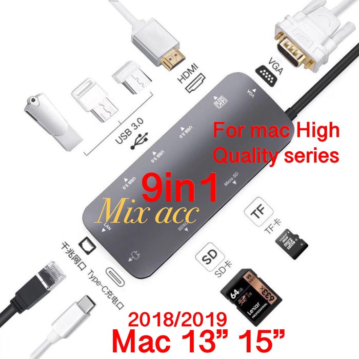 9 in 1 Type C Hub เป็น HDMI VGA PD Lan micro to TF Charge 3 USB 3.0
