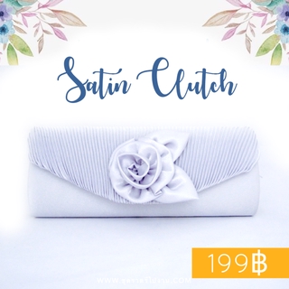 Sale พร้อมส่ง Evening Clutch กระเป๋าออกงาน สีเทาเงิน ผ้าซาตินอัดพลีต แต่งดอกกุหลาบ