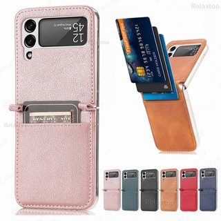 Leather Card Slot Phone Case for Samsung Z Flip 3 4 Hard PC Protective Cover For Galaxy Z Flip3 Flip4 5G SM-F711B Ultra Slim Phone Cover Casing