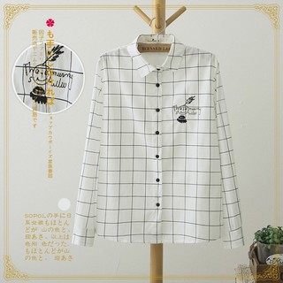 เสื้อเชิ้ตแขนยาว ผ้าทอนิ่มลายตาราง แต่งปักลายน่ารัก (12143LM)