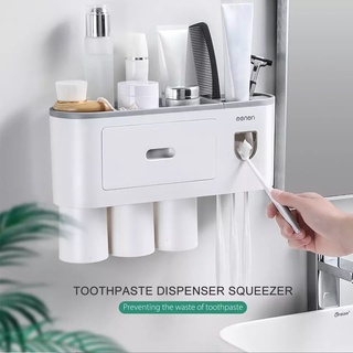 【Fan'】Magnetic Adsorption Automatic Toothpaste Squeezer & Toothbrush Holder Dispenser W/Inverted Cup