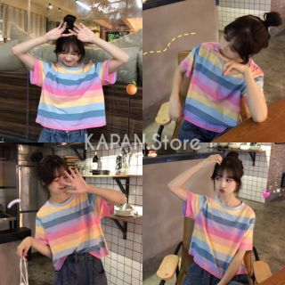 KAPAN 🌸พร้อมส่ง🌸 เสื้อยืด แขนสั้น ลายทาง สีรุ้งพาสเทล ฟรีไซส์ เสื้อสไตล์เกาหลี KP93