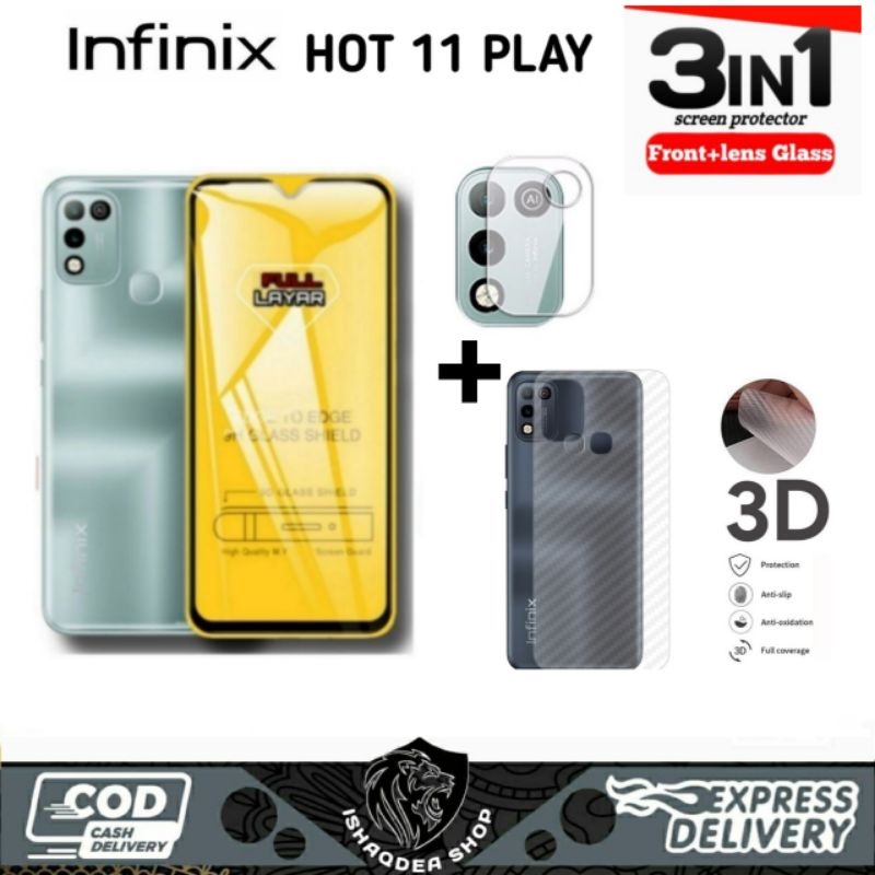 3IN1 TEMPERED สีแก้ว INFINIX HOT 11 PLAY 10 PLAY HOT 11S 10 10S NOTE 7 SMART 5 BONUS เลนส์กล้อง + คาร์บอน GARSKIN