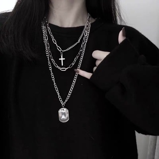 สร้อยคอ พร้อมจี้ ไม้ กางเขน สร้อยคอโซ่ สไตล์ฮิปฮอป จี้รูปไม้กางเขน Punk Chain Cross Necklace Stainless - มี 3 เส้น