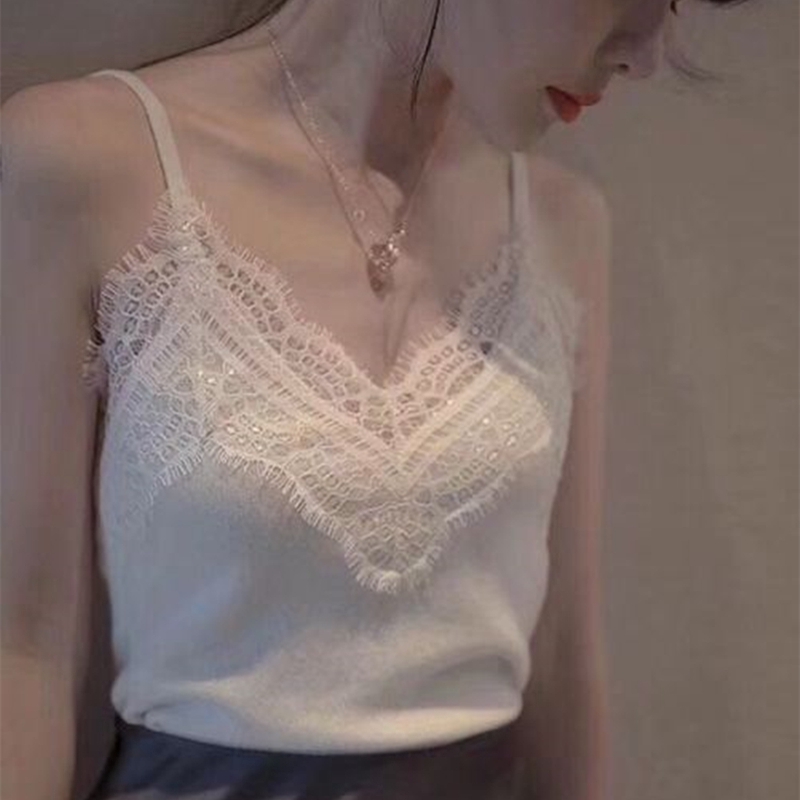 c & m เสื้อกล้ามแฟชั่นสําหรับสตรีเซ็กซี่แขนกุดปักลายลูกไม้