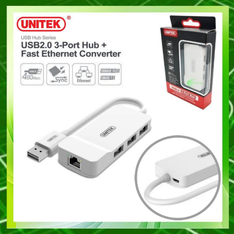 UNITEK USB2.0 3-Port Hub + Fast Ethernet Converter รุ่น Y-1470