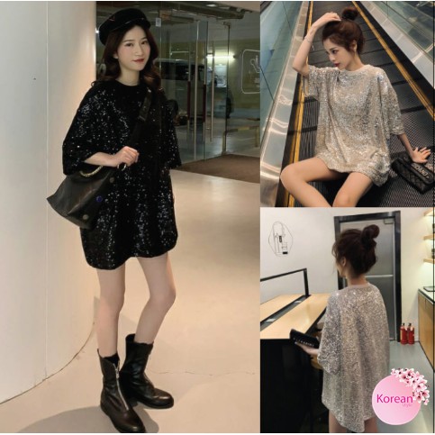 Korean Fashion เสื้อคอกลมแขนสั้นทรงโอเวอร์ไซส์ สาวตัวเล็กใส่เป็นเดรสได้ เลื่อมทั้งตัว มีซับใน