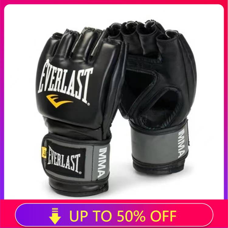สีดํา Everlast MMA ถุงมือชกมวยมวยไทยสำหรับการฝึกอบรม Gym Professional FightingPU หนัง Thicken