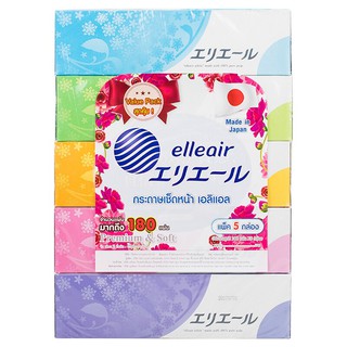 (แพ็ค 5) Elleair White 100% Pure Pulp Premim Soft เอลิแอล กระดาษเช็ดหน้า 180 แผ่น