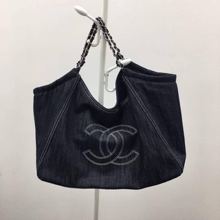 CHANEL CABAS SHOPPING XL CANVAS DENIM BLUE JEANS TOTE SHOULDER BAG กระเป๋าสะพายไหล่ แบรนด์ชาแนล ผ้ายีน ใบใหญ่ 23x12 นิ้ว